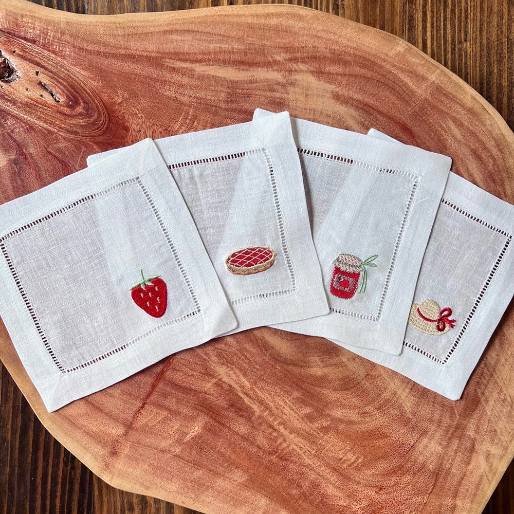 Embroidered White Linen Cocktail Napkins